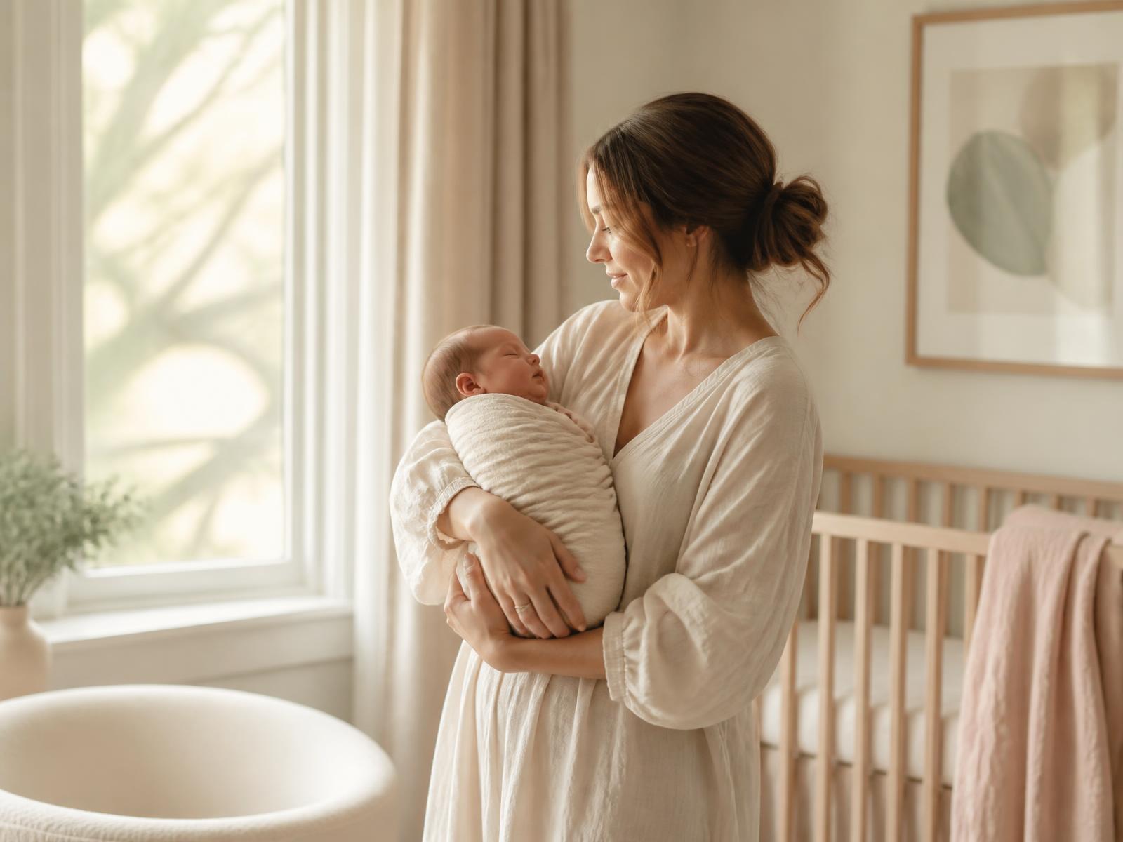 A parent holding a swaddled newborn in a calm, sunlit nursery